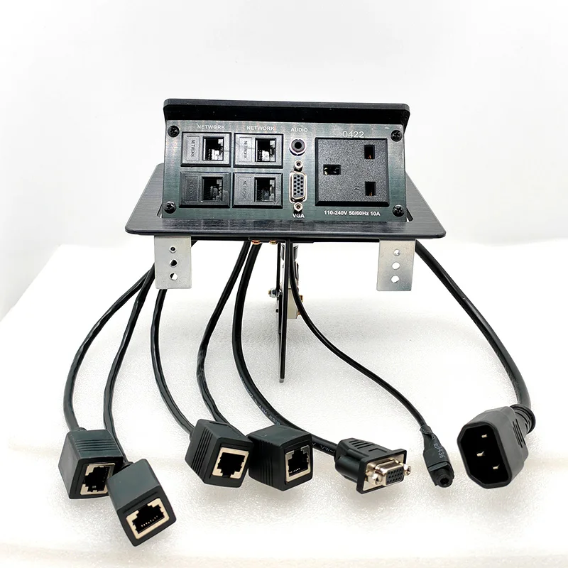 Pneumatic Bounce Desk Socket, Pop-Up Power Outlet w/ USB VGA RJ45 3.5mm Audio, 10A 110-220V for Office (Silver/Black)