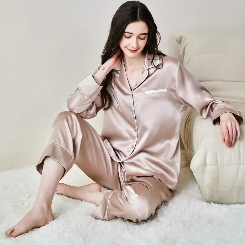 

Contrast Color Silk Women's Pajama Set 100% Mulberry Silk Spring Autumn 2 Piece Pyjama Long Sleeve Trousers Suit Sleepwear Pjs