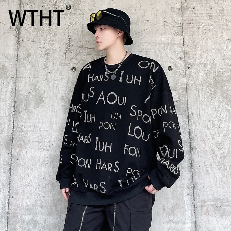 

WTHT Fashion Men's Spliced Letter Diamond Design T-shirts Trendy 2025 Winter Casual Long Sleeves O-neck Pullover Male 2A2472