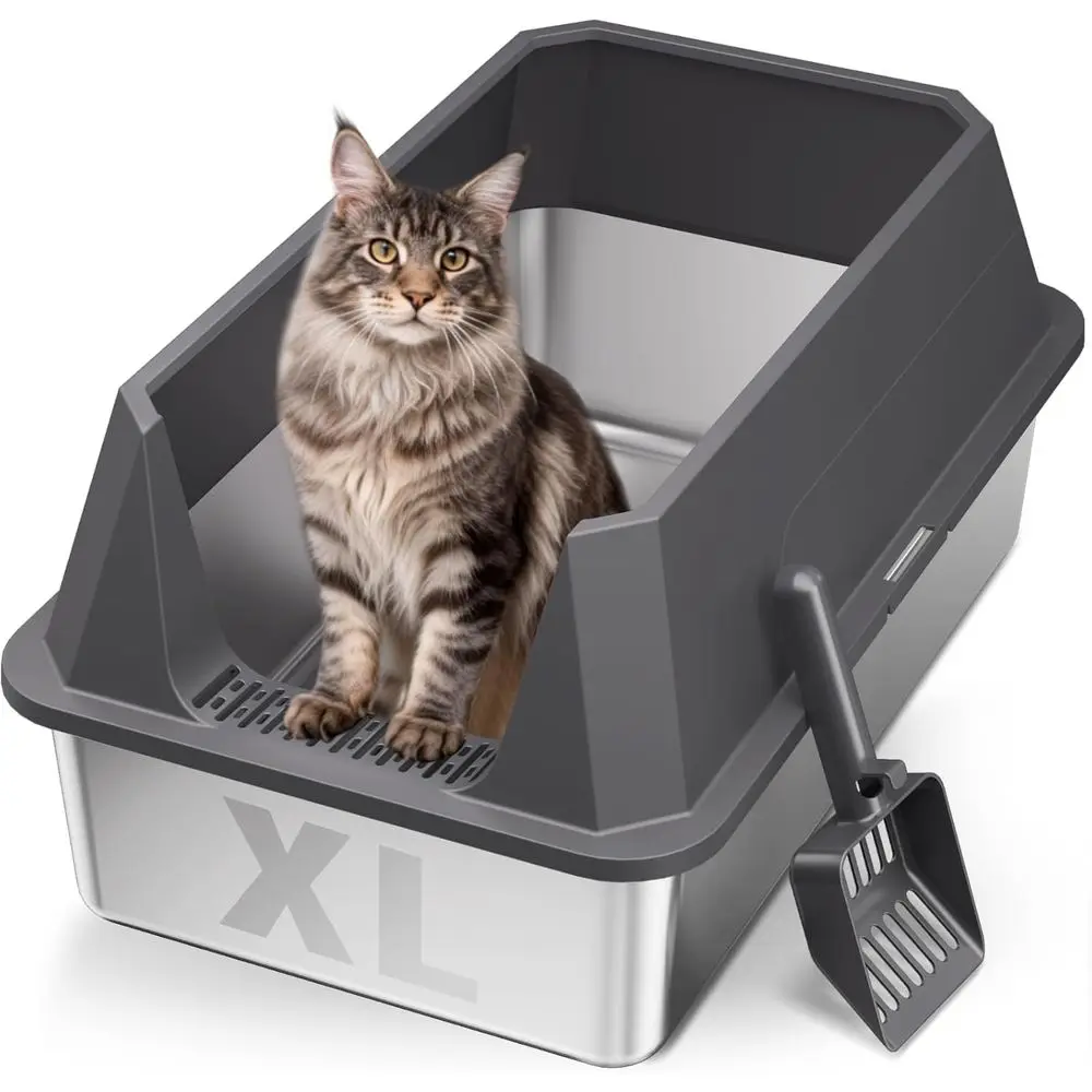 

Extra Large High-Sided Stainless Steel Litter Box with Non-Stick, Odor Control, Leak-Proof Design and Scoop, Gray
