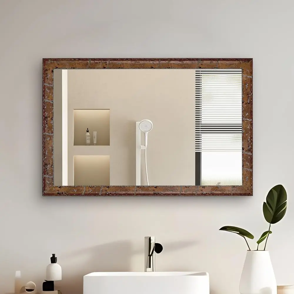 مرآة مستطيلة بإطار خشبي بني ريفي مقاس 20 × 30 بوصة لتزيين الحمام وديكور المنزل #3