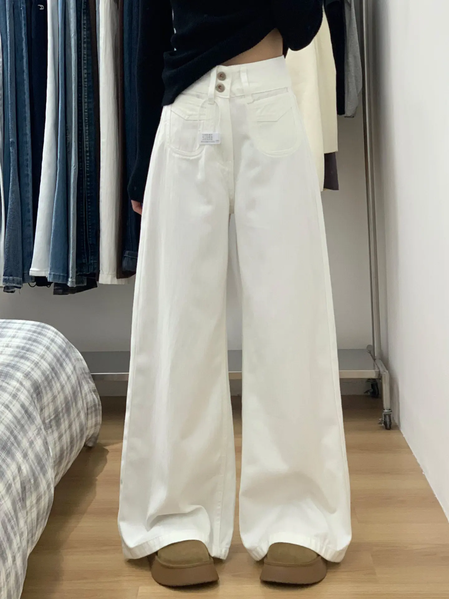 White Wide Leg Jeans Women's New Large Size Fat MM High Waist Slimming Loose Pear Shaped Body Straight Floor-Length Pants