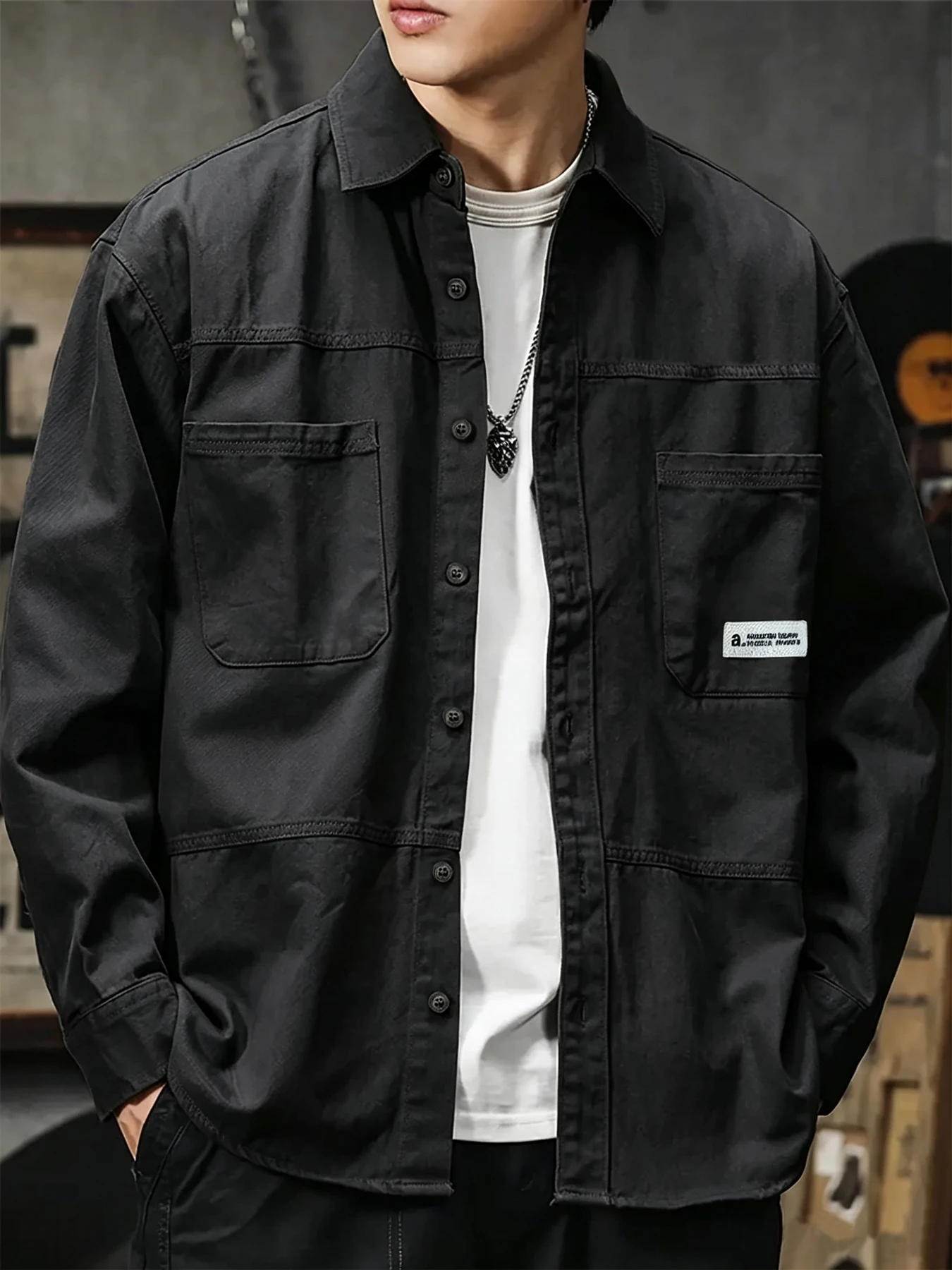 Men's Drop Shoulder Cargo Long Sleeve Shirt Jacket, American Retro Casual Style, Dual 3D Chest Pockets With Label Patch, Lapel B