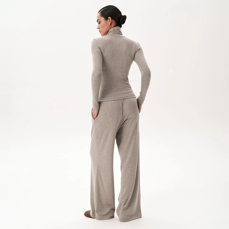 CUTENOVA 여성 가을/겨울 신상품 단색 캐주얼 하이넥 슬림핏 긴팔 상의 & 스트레이트 팬츠 투피스 세트