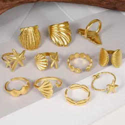 6Pcs New Stainless Steel Gold/Silver Color Ring Ocean Series Shell Starfish Opening Adjustable Couple Party Rings Anillos Gift