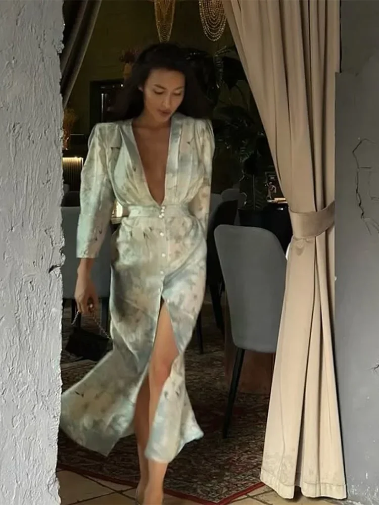 

Printed Elegant Deep V-neck Split Dresses Women Single Breasted Long Sleeve High Waist Vestidos 2025 Summer Holiday Lady Dress