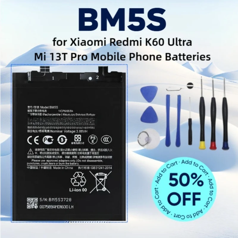 

New Phone Replacement Battery BM5S 5000mAh for Xiaomi Redmi K60 Ultra / Mi 13T Pro Mobile Phone Batteries