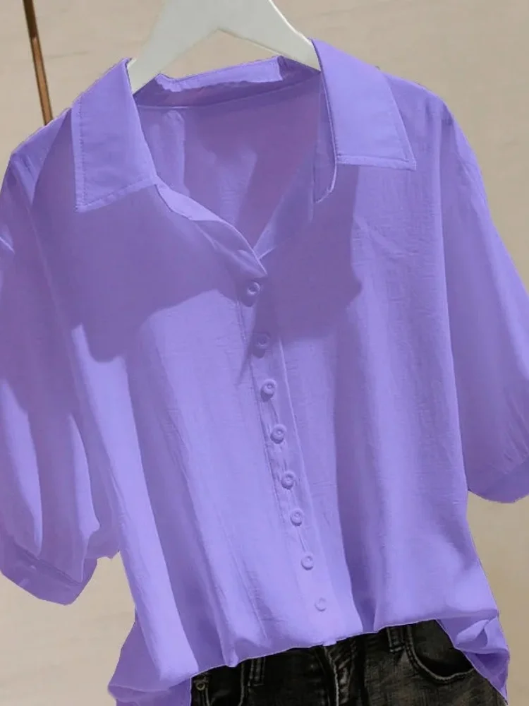 

New Women's Pure Color Chiffon Collar Short Sleeve Shirt Summer Large Size Versatile Fashionable Small Shirt