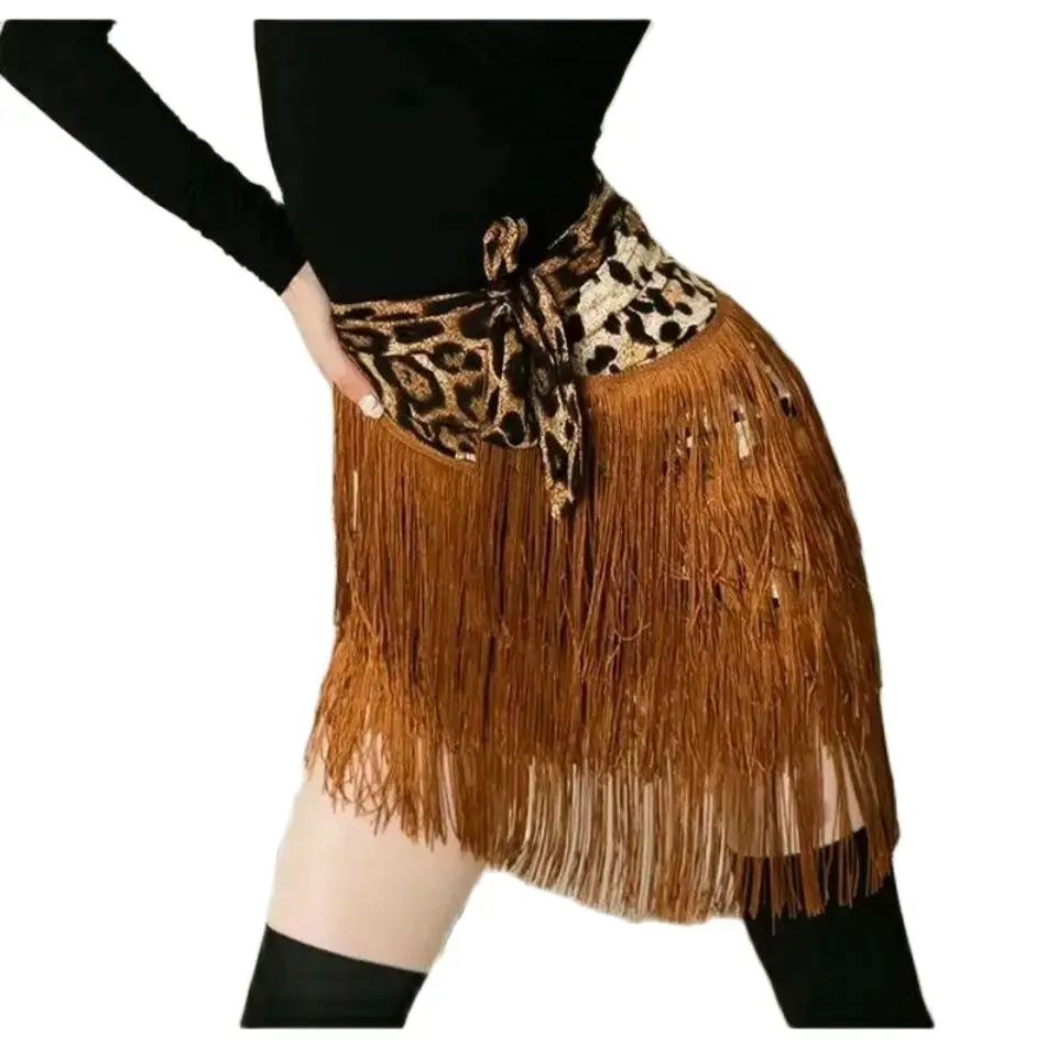 Latin Dance Skirt Leopard Print for Women Glitter Twinkle Fringe Wrap Skirt for Satge Performance Ballroom Costume Rave Party