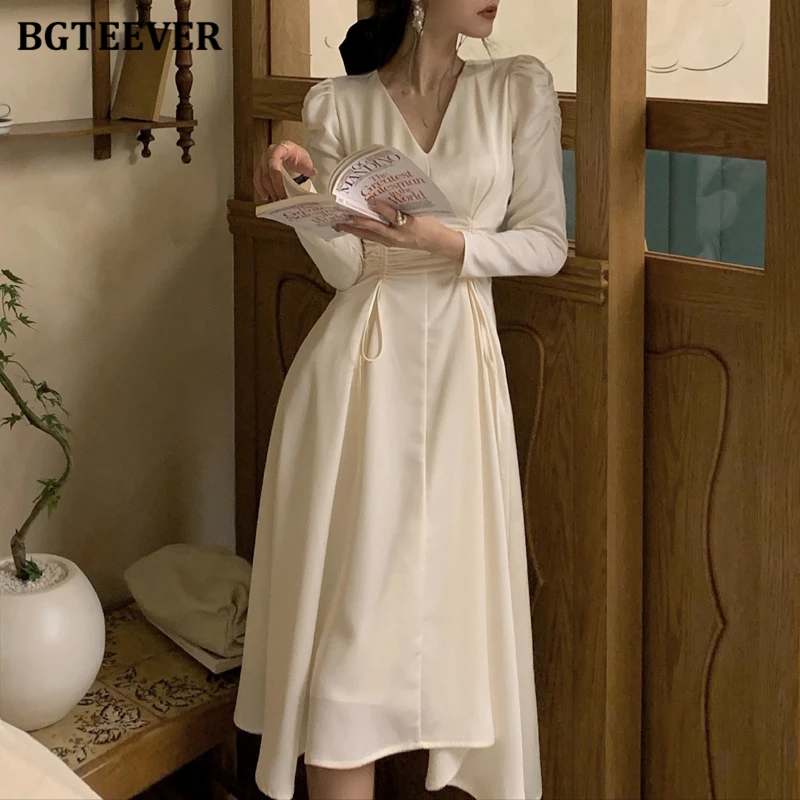 Bgteever primavera com decote em v fino rendas feminino a linha vestido elegante manga longa ruch cintura feminino vestido de comprimento médio