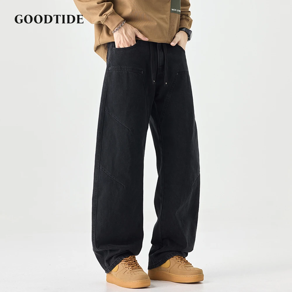 

Fashion Men's Curved Washed Jeans 2025 Autumn New Loose Patchwork Wide Leg Casual Denim Trousers Size 28-40