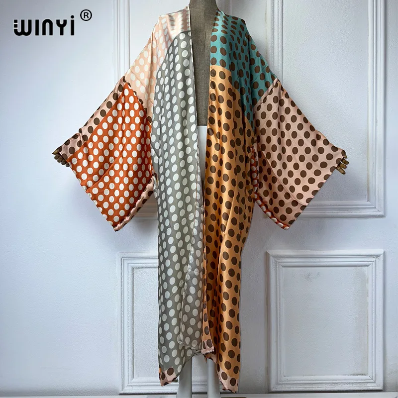 Winyi Kimono Vrouwen Dot Gradiënt Print Lange Mouw Vest Vrouwelijke Blouse Losse Abaya Strandkleding Cover Up Boho Dress Party Kaftan