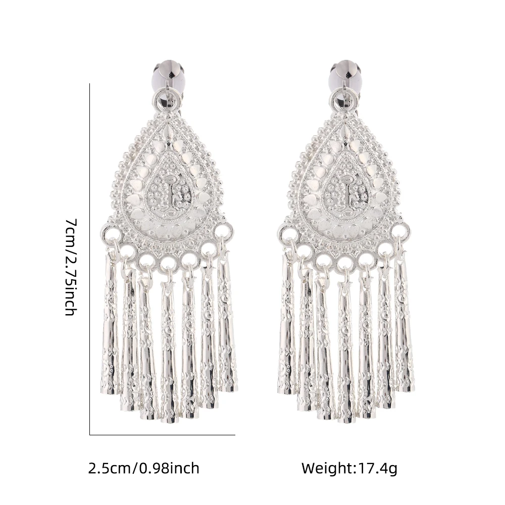 Vintage Ethnic Metal Tassel Clip on Earrings for Women Bohemian Geometric Water Drop Dangle Earring Female Jewelry Gift