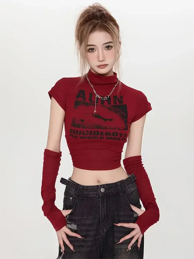 Image of Zoki Sexy Gestellte Y2K T Shirts Frauen Brief Schlank mit Ärmeln Vintage Tops Vintage Amerikanischen Streetwear Design Weibliche Retro Tees