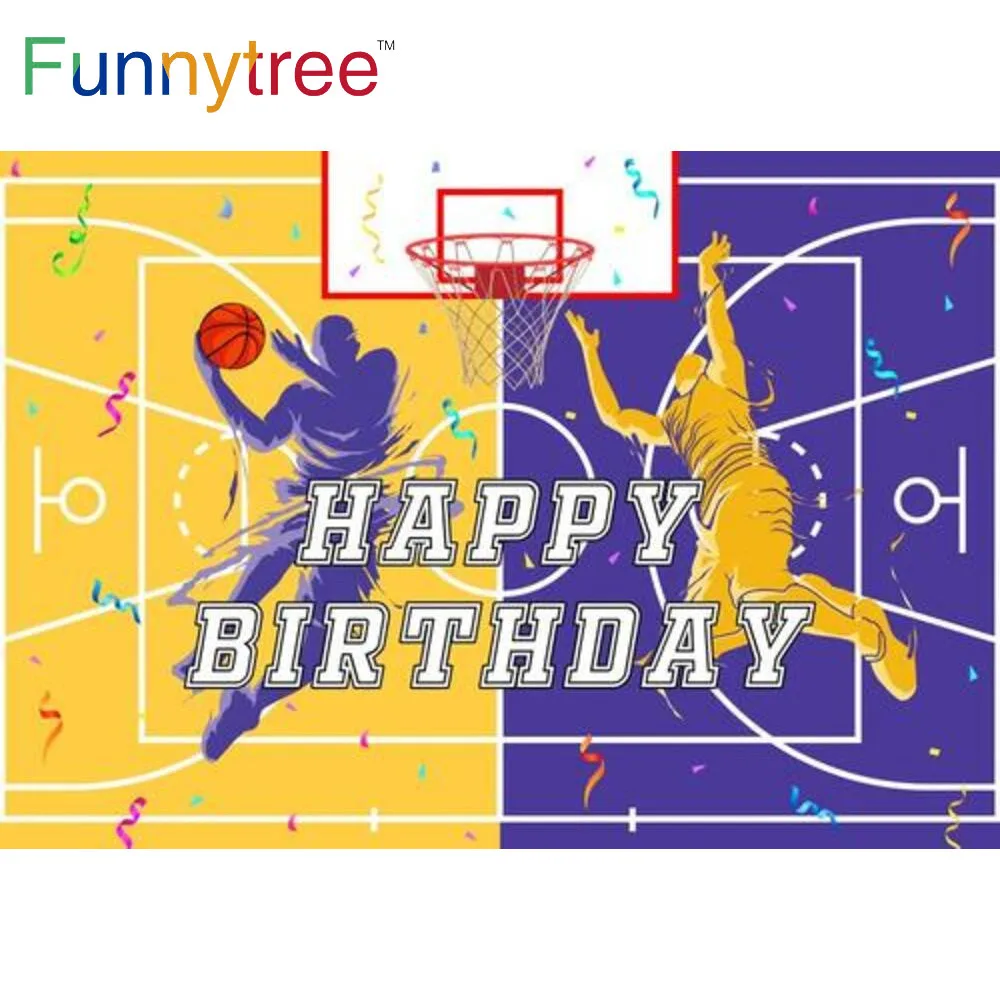 Funnytree Yellow Blue Basketball Themed Backdrop Boy Celebrate  Birthday Slam Dunk Jump Party Decoration Banner Background