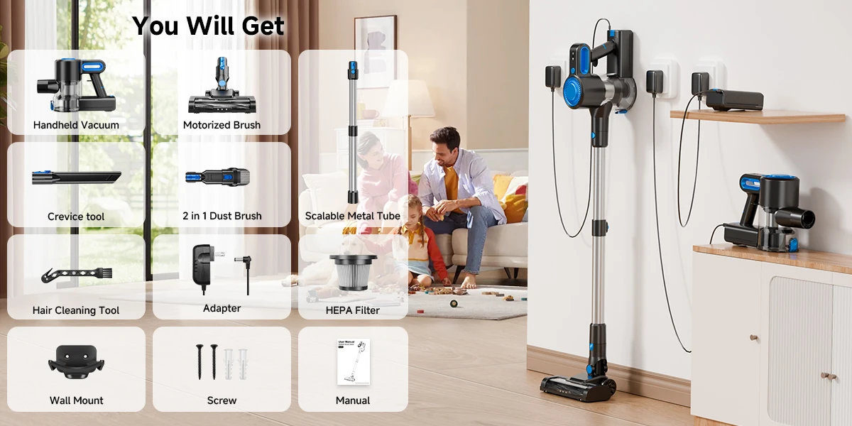 Honki 78KPa Powerful Cordless Vacuum Cleaner LED Display 45Mins Self Standing Stick Vacuum 1.5L Large Dust Cup for Pet Hair Carpet Floor