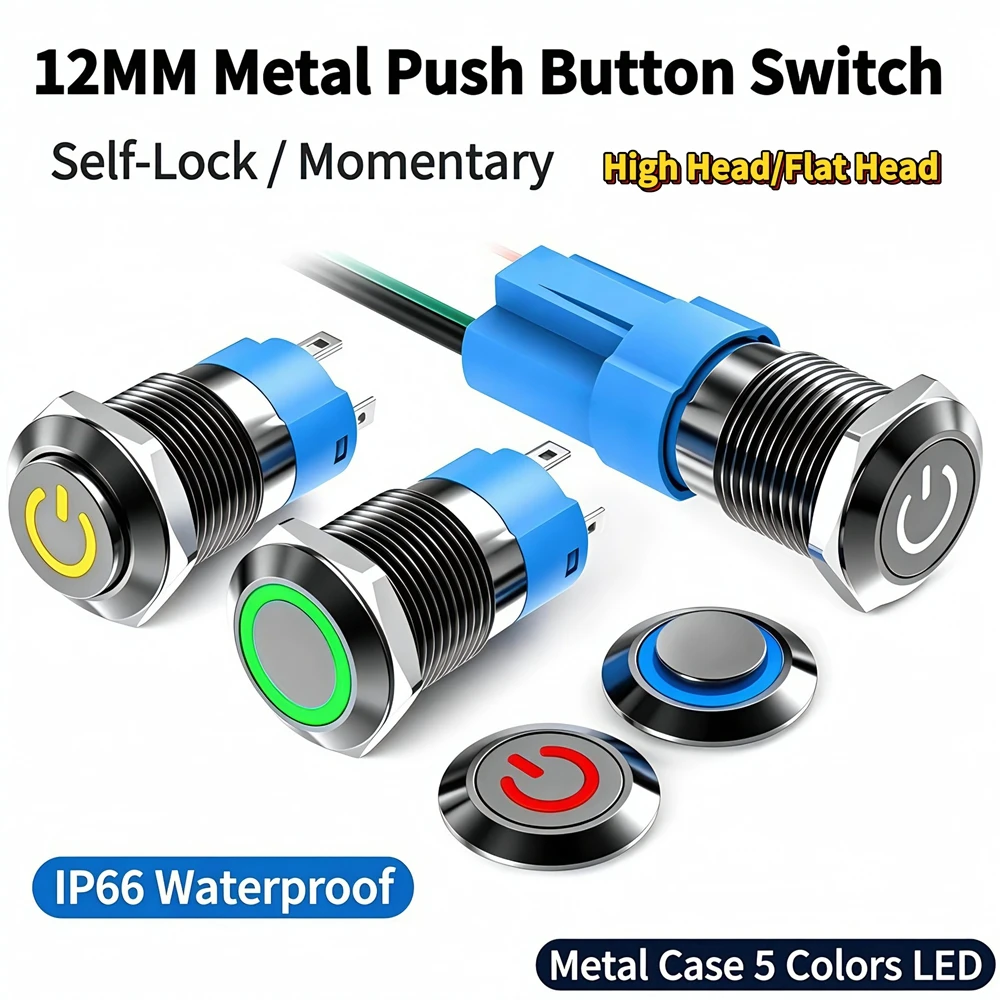 12mm Metal Pushbutton Switch,High/Flat Head,Anodized Waterproof LED Latching/Momentary,Red/Yellow/Blue/Green/White 12V 220V Red