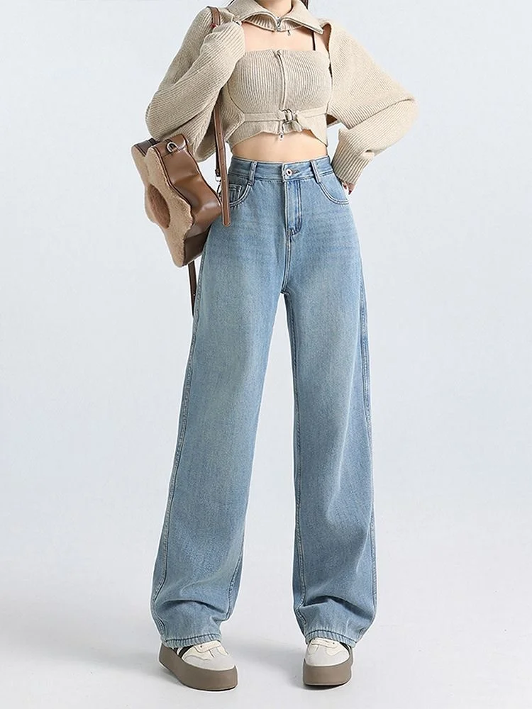 plus Size Fce Lined Straight Leg Jeans Women's Thiened Retro American Sle Loose Fit Wide Leg Pants Autumn Winter New A...