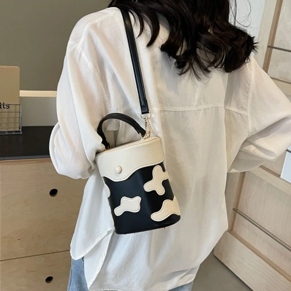 Trendy Elegant Simple PU Leather Bag Contrasting Colors Cute Handheld Bucket Bag Cylinder-shape Tote Bag