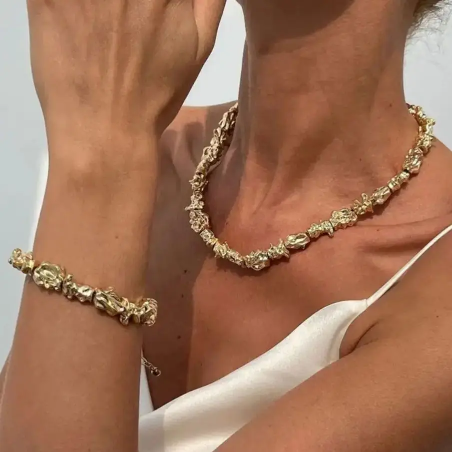 KunJoe Vintage Irregular Smooth Metal Torques Necklace Bracelet Women Elegant Chunky Collar Choker Charm Bangle Lady Jewelry Set