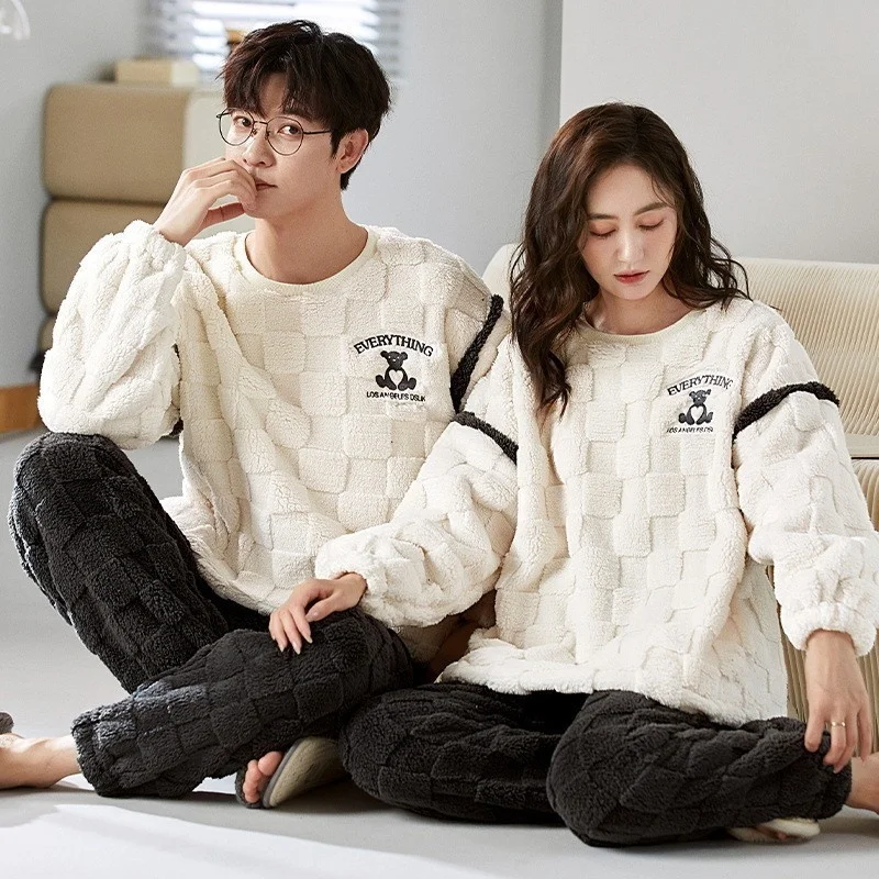 Autumn and Winter 2023 New Big Brand Warm Cute Cartoon Pajamas Couple Set Women Coral Fleece Flannel Men\'s Home Wear