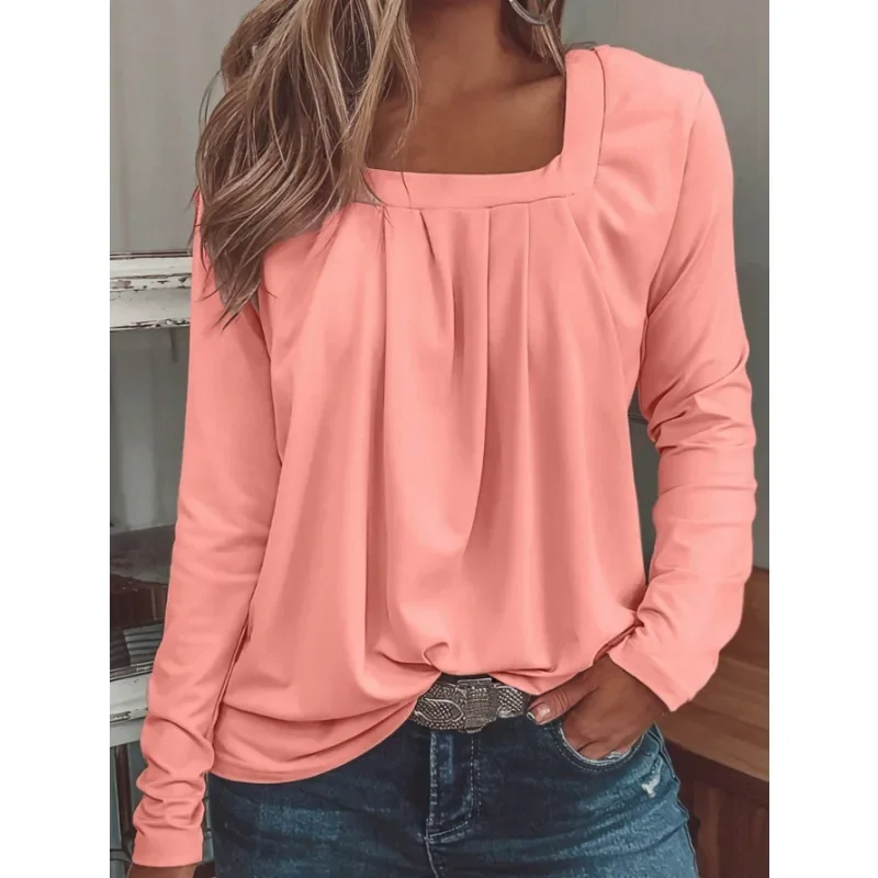 Damska koszulka plus size 0XL-5XL, nowa, codzienna, jesienna, modna, z kwadratowym dekoltem, plisowana, wygodna, z długim rękawem.