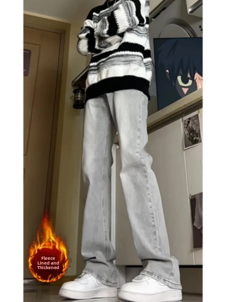 

Мужские джинсы Slim Fit из эластичного денима на флисовой подкладке, широкие брюки в стиле ретро, износостойкие, утолщенные, для молодежи