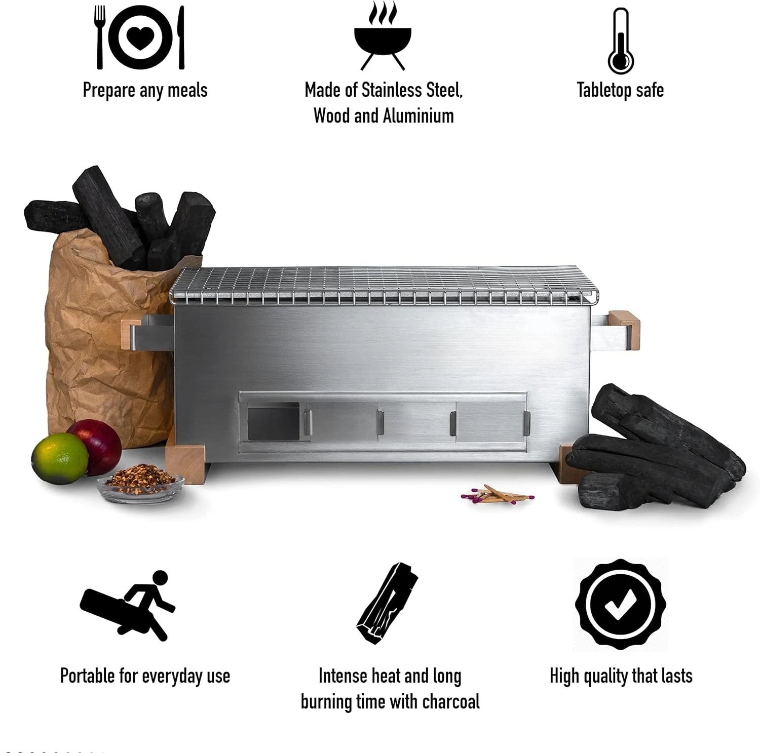 

16" Mini Yakitori Grill – Stainless Steel Mini Tabletop Charcoal BBQ with Charcoal Box, Optimized Airflow & Cool-Touch Base -Hot