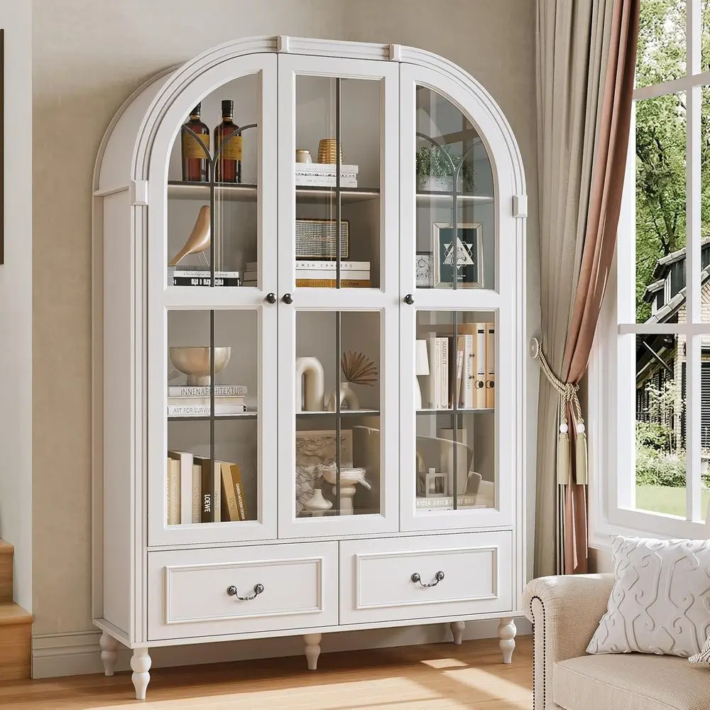 70.8'' Tall Arched Kitchen Pantry Cabinet, Large armhouse Storage Cabinet with Glass Do, Display Case, Wood Bookshel with 2 Ders view 6