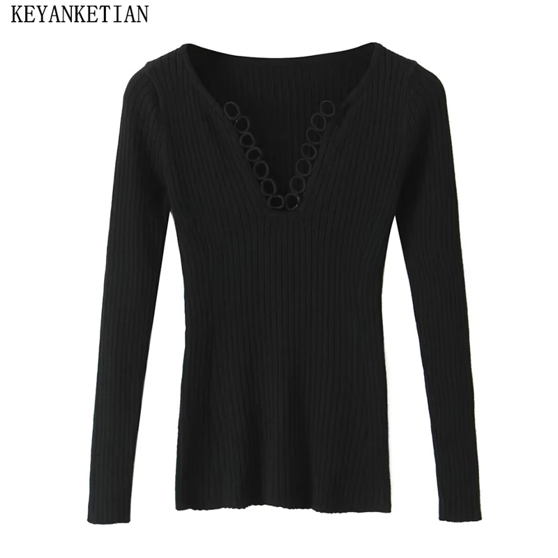 

KEYANKETIAN 2024, осенняя новая женская шерстяная трикотажная футболка с v-образным вырезом и v-образным вырезом, модный сексуальный укороченный топ с длинными рукавами