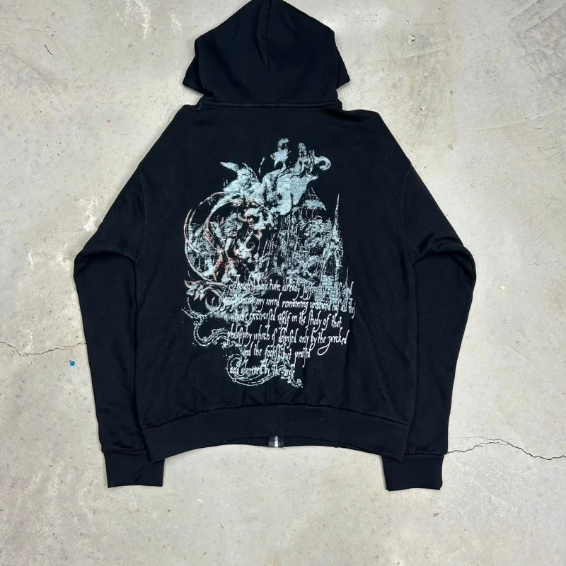 

Весенне-осенняя уличная одежда Y2K Harajuku с графическим принтом, негабаритная толстовка с капюшоном на молнии для женщин, темный уличный свободный топ