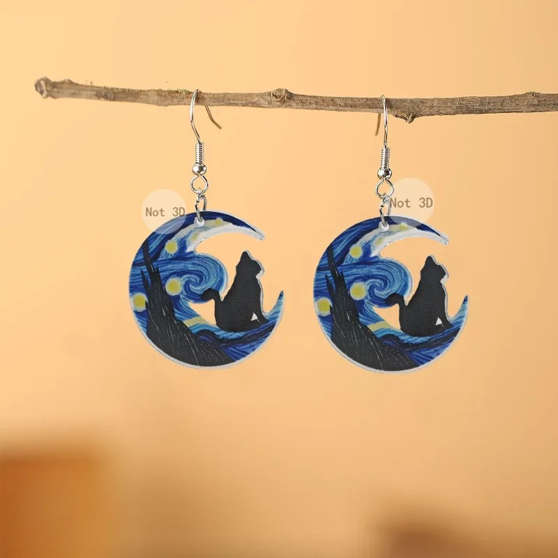 New Acrylic Flat Cat Earrings, Niche and Creative Starry Sky Wave Women's Earrings and Earrings