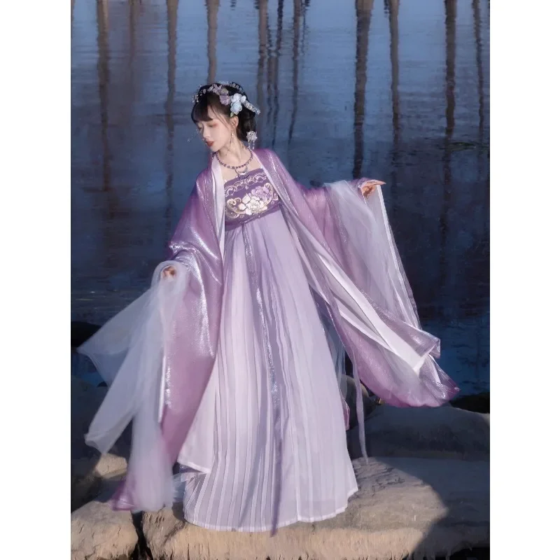 2024 Vintage Paarse Fee Cosplay Jurk Chinese Traditionele Dameskleding Tang-dynastie Bloemen Geborduurde Hanfu Jurk Pak