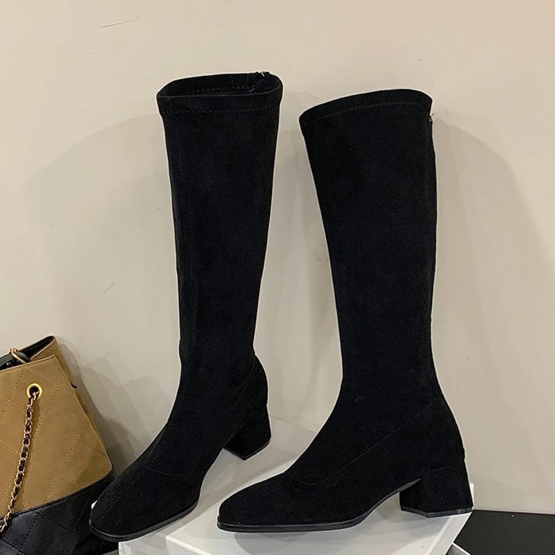 

Eilyken Autumn Winter Round Toe Women Knee-High Boots Fashion Square Heels Shoes Punk Style Long Zipper Booties