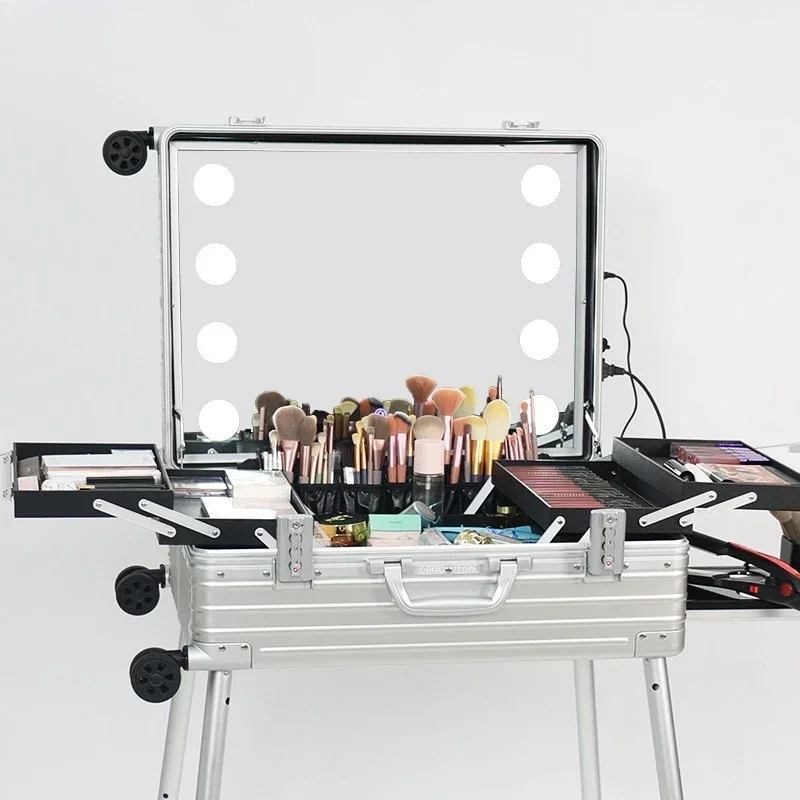 All-aluminum magnesium alloy cosmetic case, follow-up artist 24-inch suitcase with light and mirror combination lock tie rod
