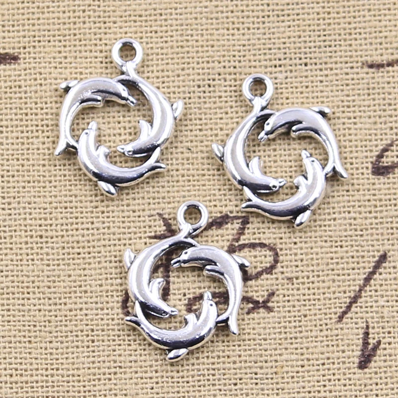 15pcs Charms Three Dolphin Show 21x16mm Antique Silver Color Pendants Making DIY Handmade Tibetan Finding Jewelry