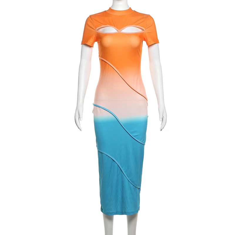 Vestido largo naranja degradado para mujer, prenda Sexy de manga corta, ajustada, a la cadera, color melocotón, ropa de playa Y2K, 2024