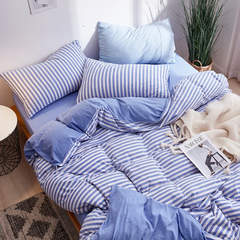Luxury 100% Cotton Striped Bedding Set Knitted Cotton Naked Bedclothes for Home Dorm 3/4Pcs Geometric Printing Textile Supplies