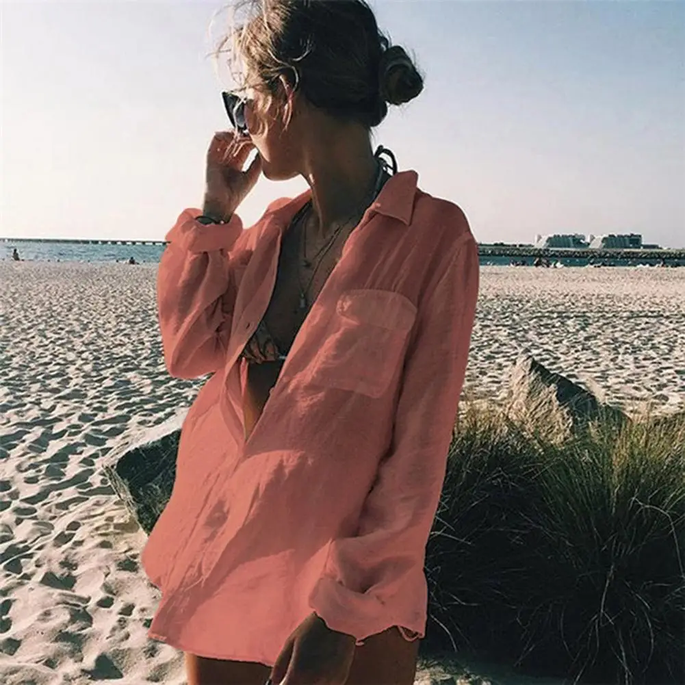 

Women Shirt Lapel Buttons Placket Loose Fit Breathable Beach Cover-Up with Lace-Up Front Long Sleeve Sun Protection Shirt