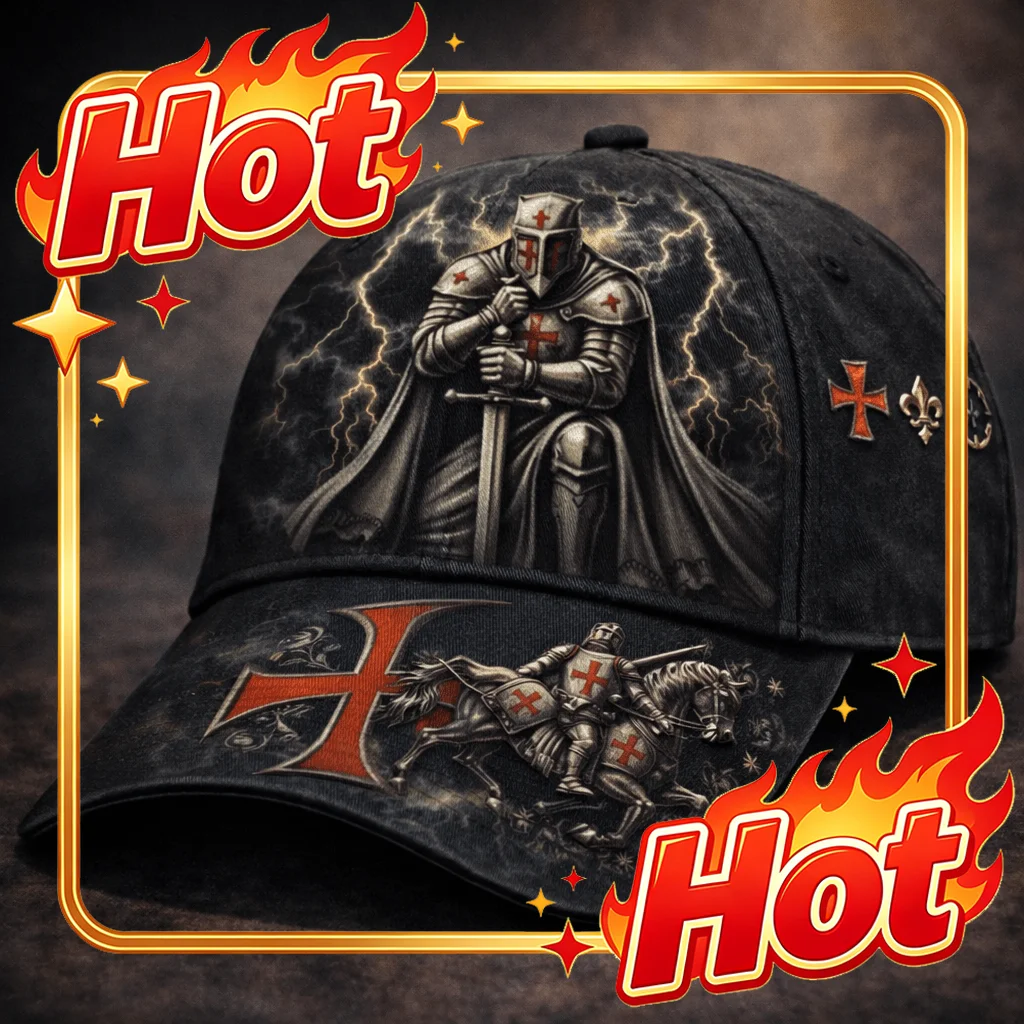 Custom Hat Templar Knight Crusader Cross Hat | Medieval Warrior, Lightning Sword, Shield, Red Cross, Horseman, Christian Militar