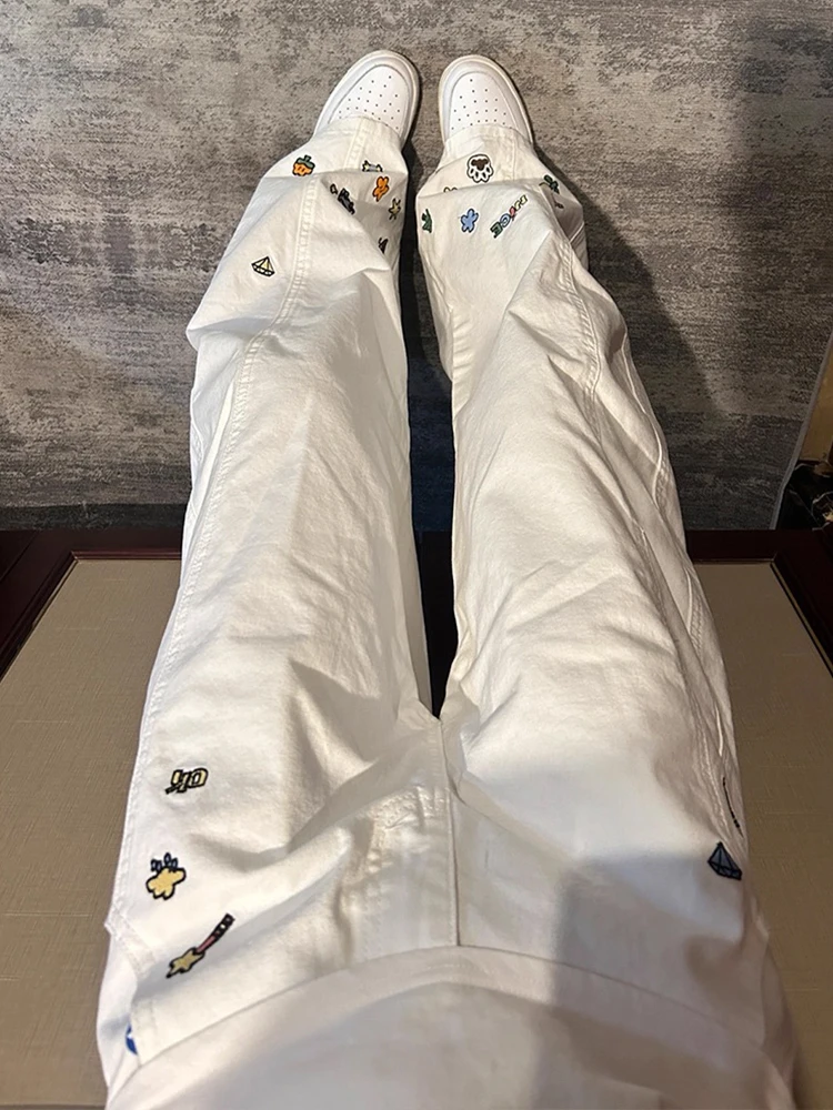 

Cleanfit Cartoon Embroidered Wide Leg Men's Jeans American Retro Vibe Casual Straight Cut Jeans mid Waist Zipper Fly Denim