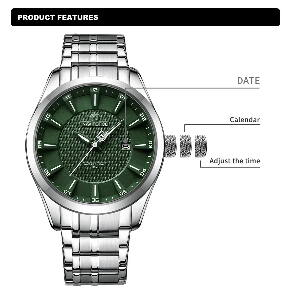 NAVIFORCE-ساعات فاخرة للرجال مع حزام من الفولاذ المقاوم للصدأ ، ساعات يد كوارتز عسكرية مضادة للماء للذكور ، NF8032