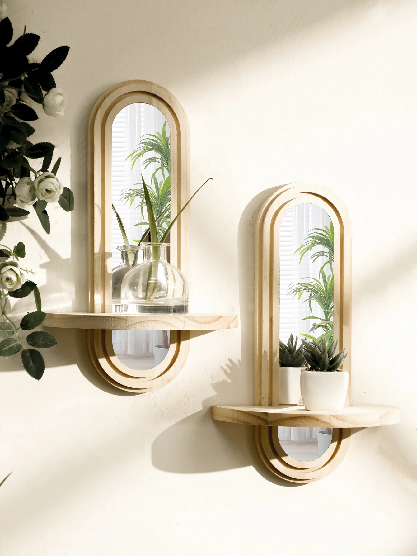 1pc Wooden Wall Shelves Boho Wall Mirror Natural Wood Finish Shelf Plant Display Stand for Bedroom Living Room Home Organization view 2