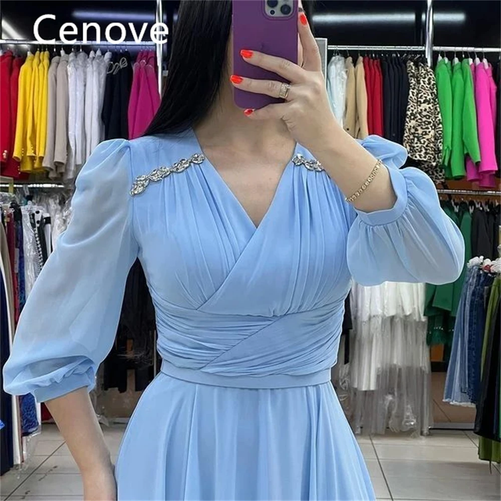 Cenove Blue A-Line V-Neck Prom Dress Ankle-Length With Long Sleeves Evening Summer Party Dress For Women