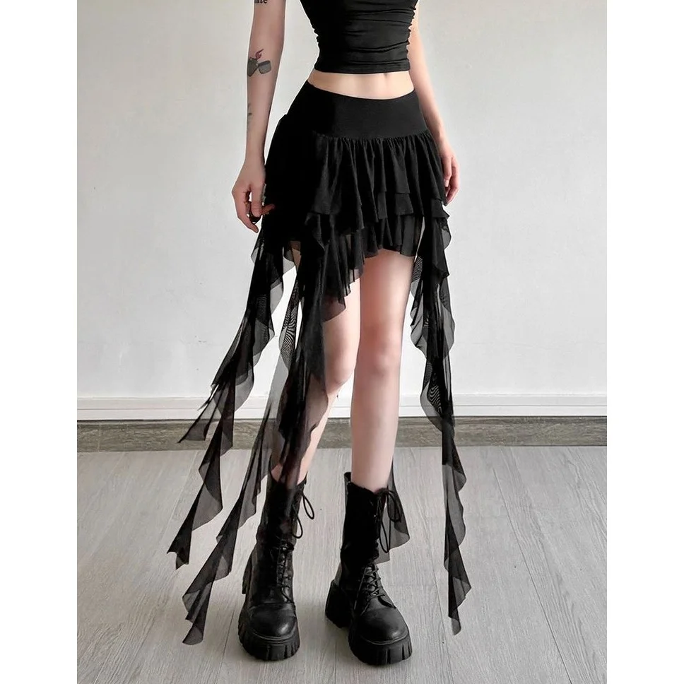 Low Waist Half Skirt with Tassel And Lace Design for Women Casual High Street Style Summer New Arrival Dark Series Skirt