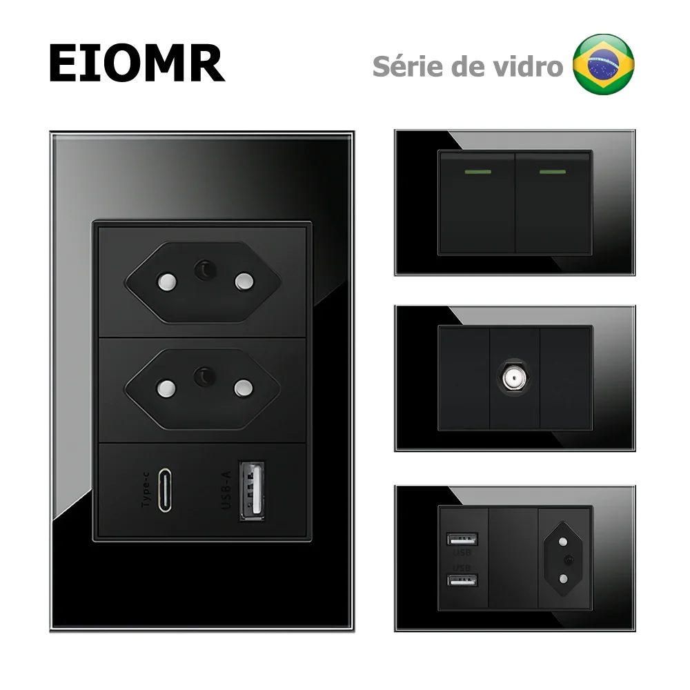 EIOMR Brazil Standard USB Type C Power Socket Crystal Glass Panel AC 110V~250V Wall Light Switch Home Office Electrical Plug 20A