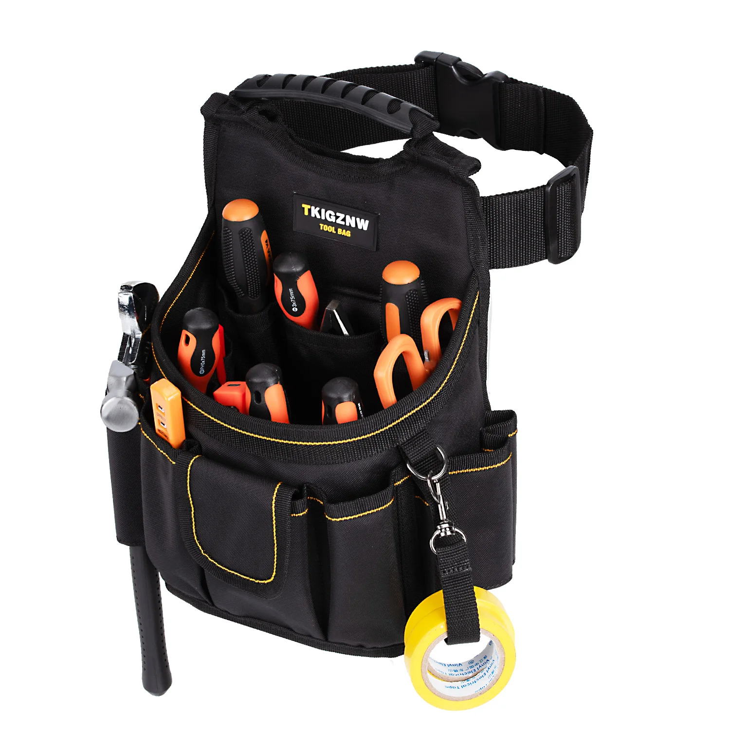 

Сумка на ремень для инструментов, черный нейлон с 18 карманами, черный и желтый, для хранения инструментов электрика