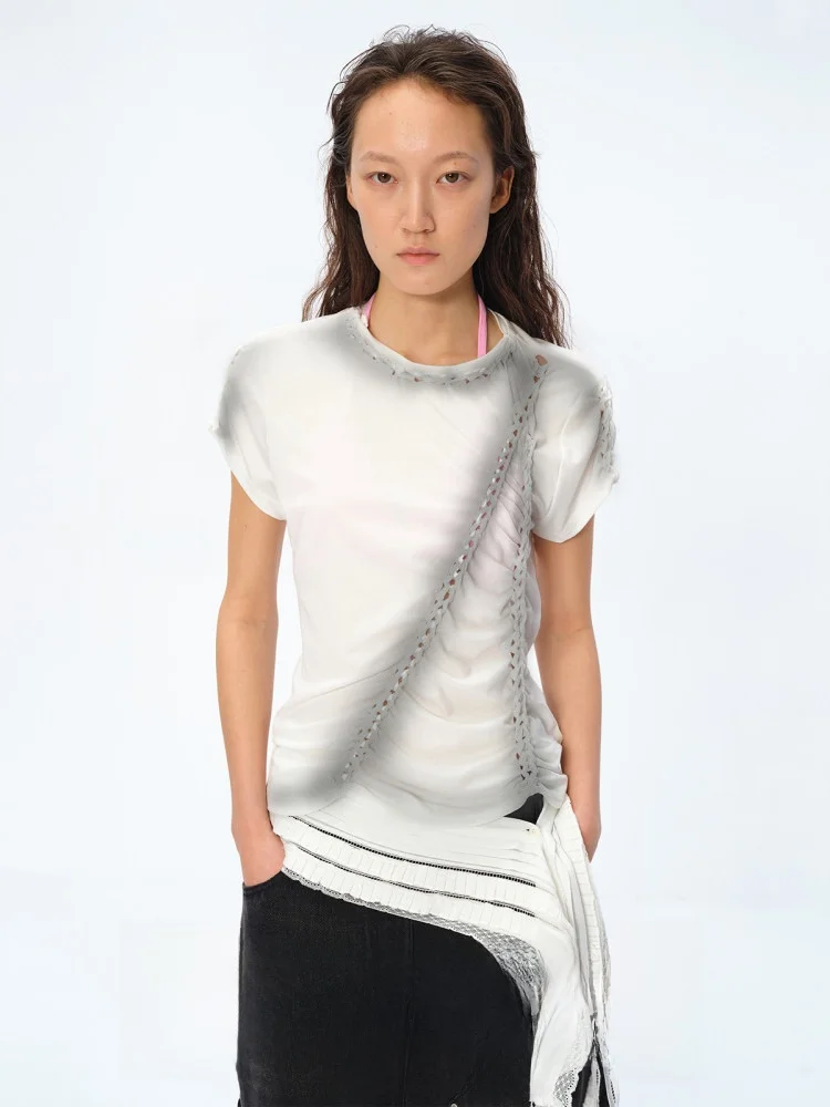 

Unique Design Square Circle T-irt ort Sve Spray Dyeing Twisted Irregular Pattern Commute Sle Pure Color Women's Top