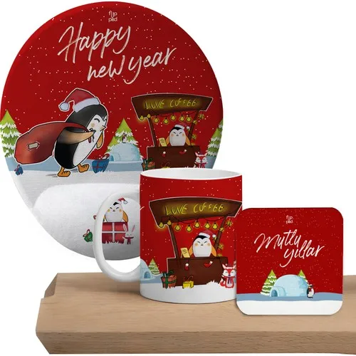 Flipped Christmas Penguin Red Mug, Mousepad and Cup Altlıklı Gift Set