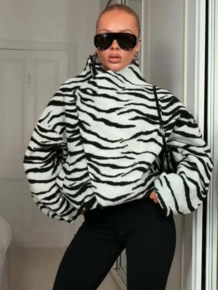 Fashion Zebra Print Asymmetric Coats Women Chic Wrap High Collar Oversized Drop‑shoulder Jacket Fall Winter Streetwear Outerwear